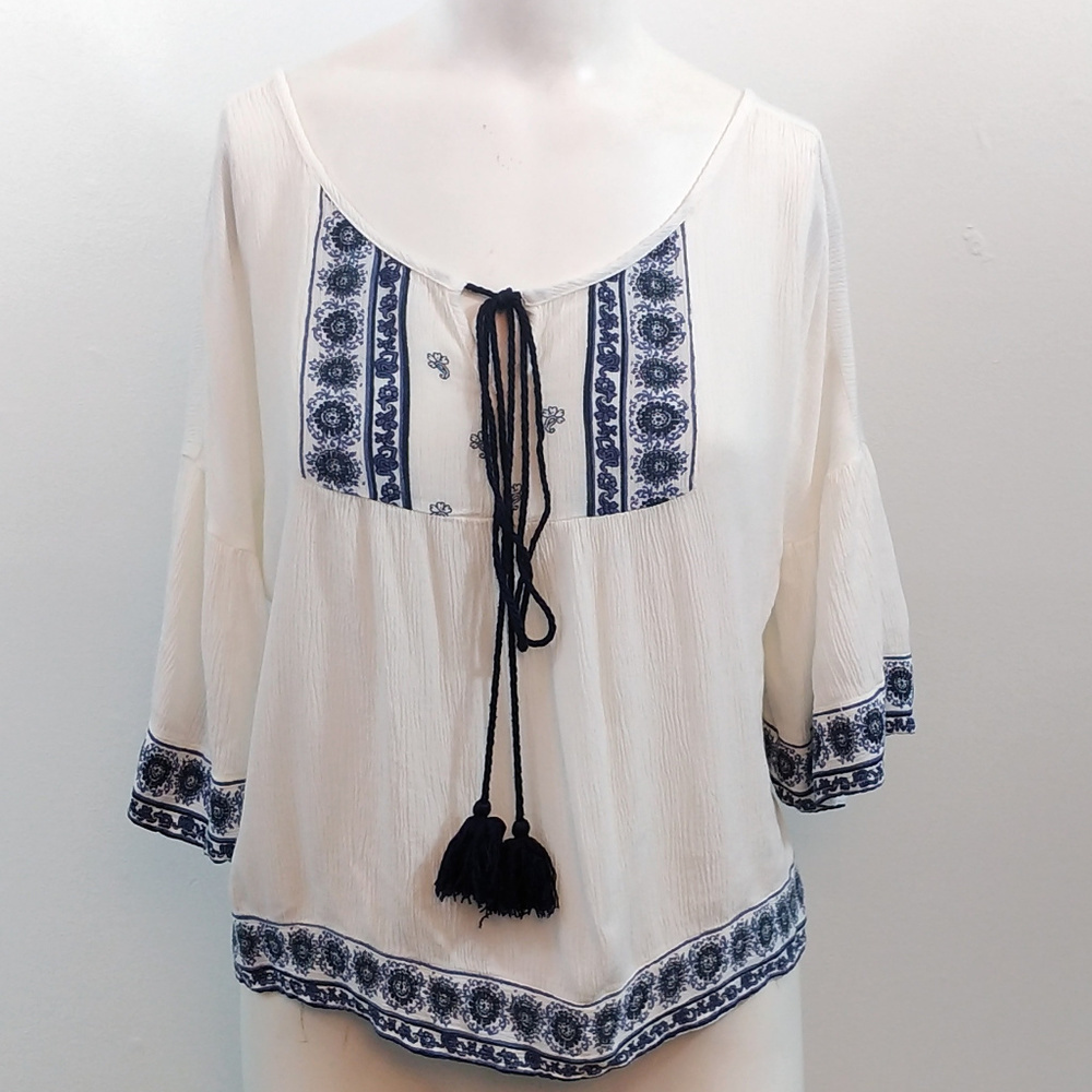 Chloe & Katie White and Blue Boho Crop Top